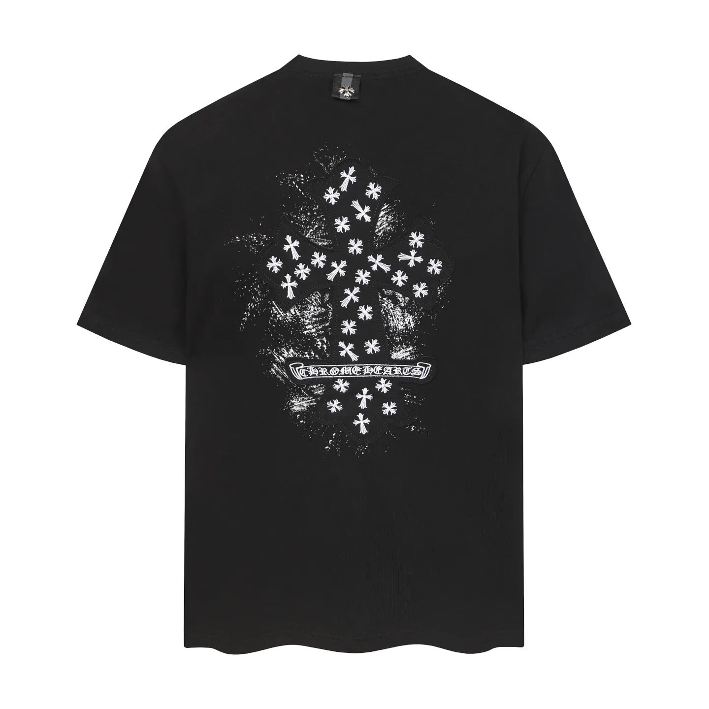 P150 💰 Actual pictures [High-end quality] Code: 8915# Color: Black White Size: S to XXL 2026ss Internet celebrity cross 🔥New Chrome Hearts 320g customized fabric Chrome heart round neck short sleeves 🔥Cross burnt appliqué embroidered men and women loose version